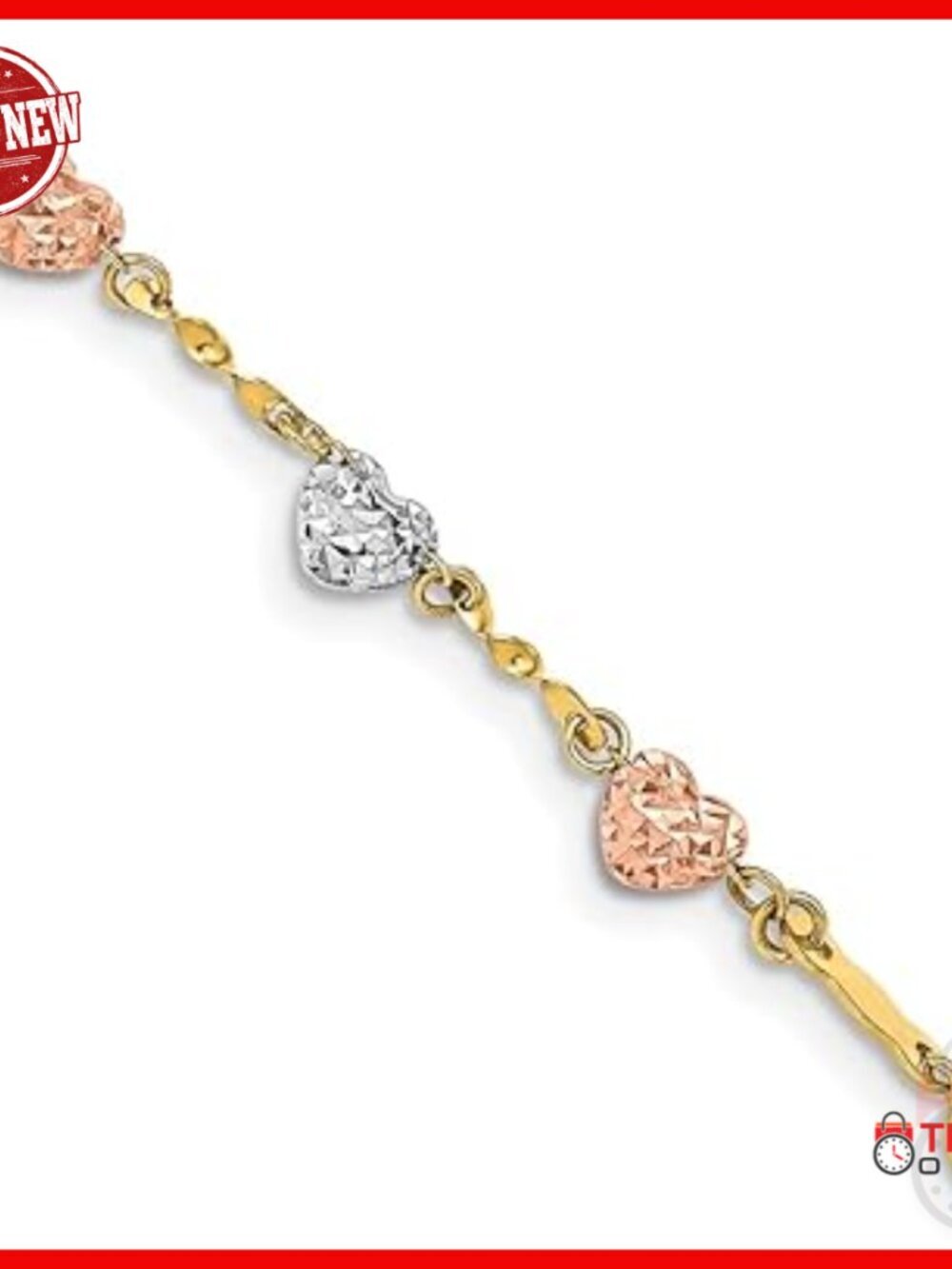14K Tri-Color Gold Diamond-Cut Puff Heart Chain Bracelet 7"